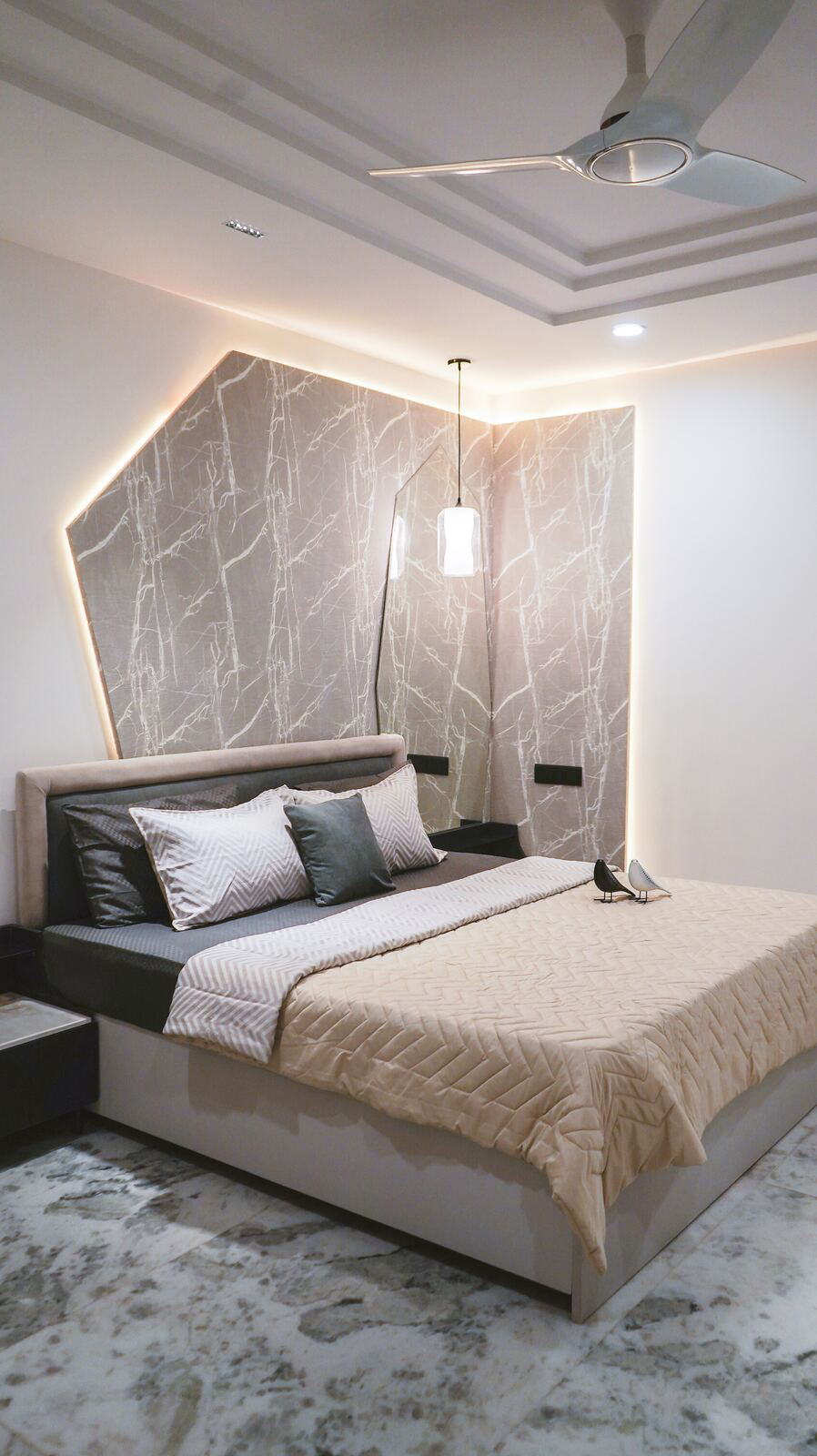 Samsara Residence bedroom with backlit marble headboard wall