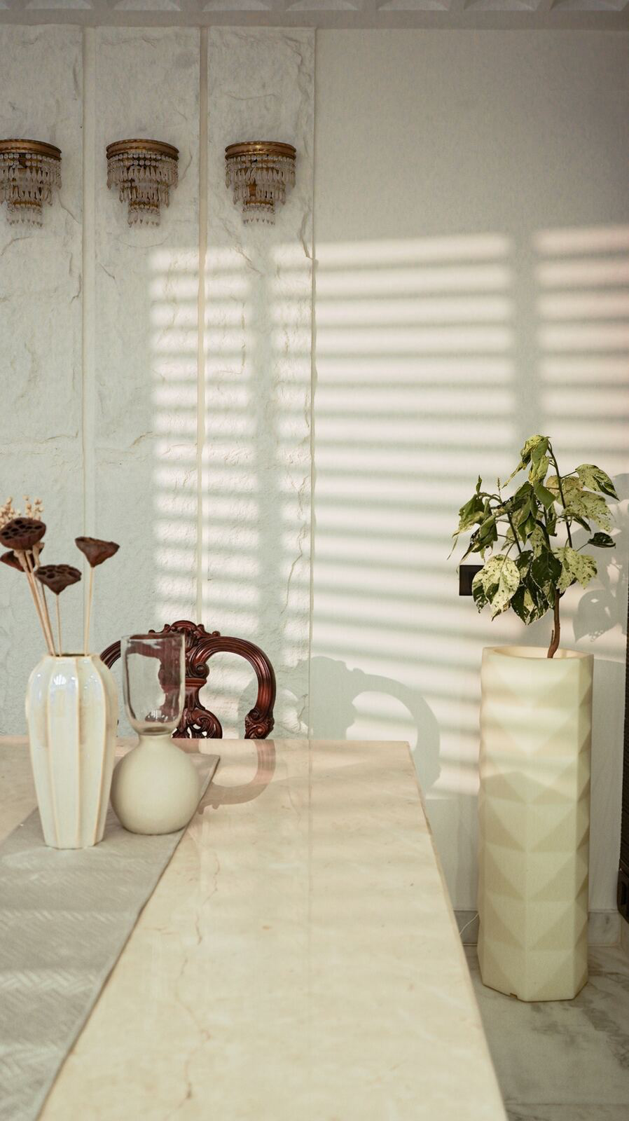 Samsara Residence dining vignette with dried florals