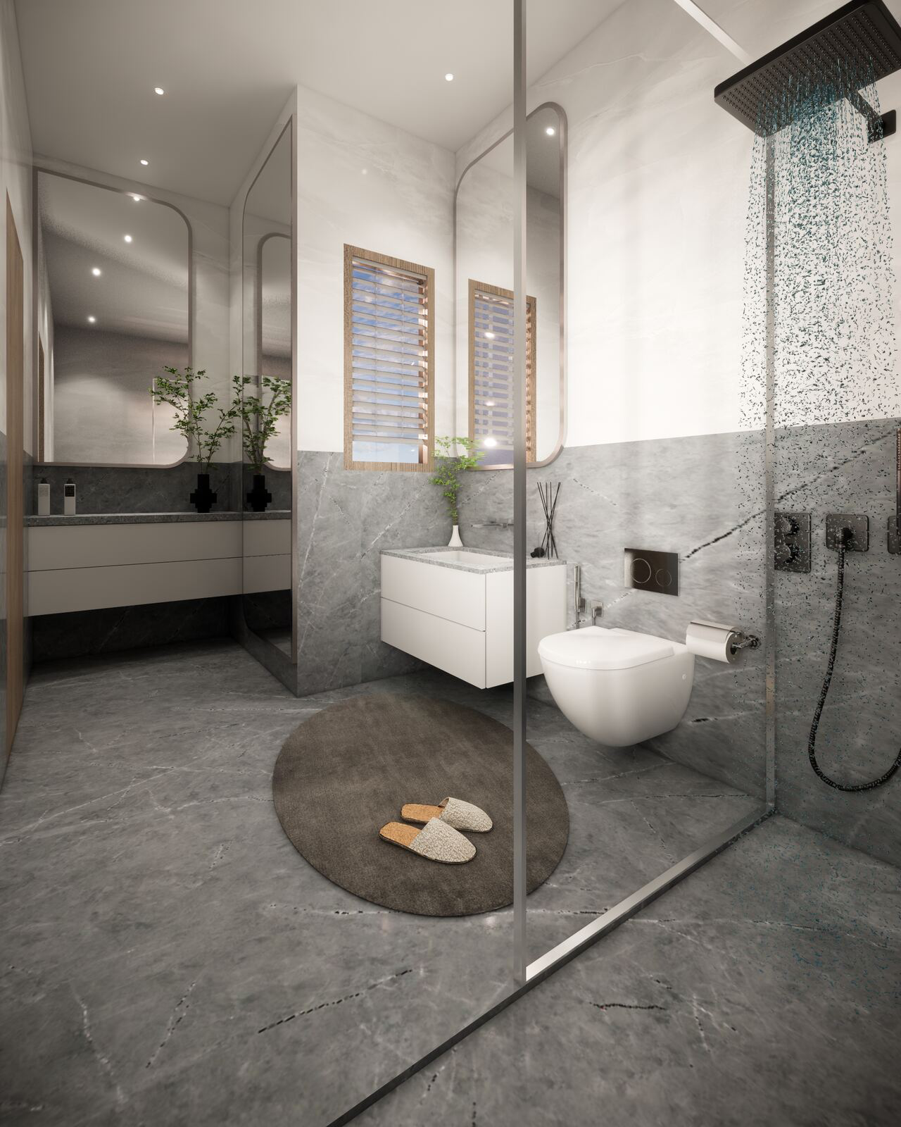 Shree Residence bathroom with grey marble finish