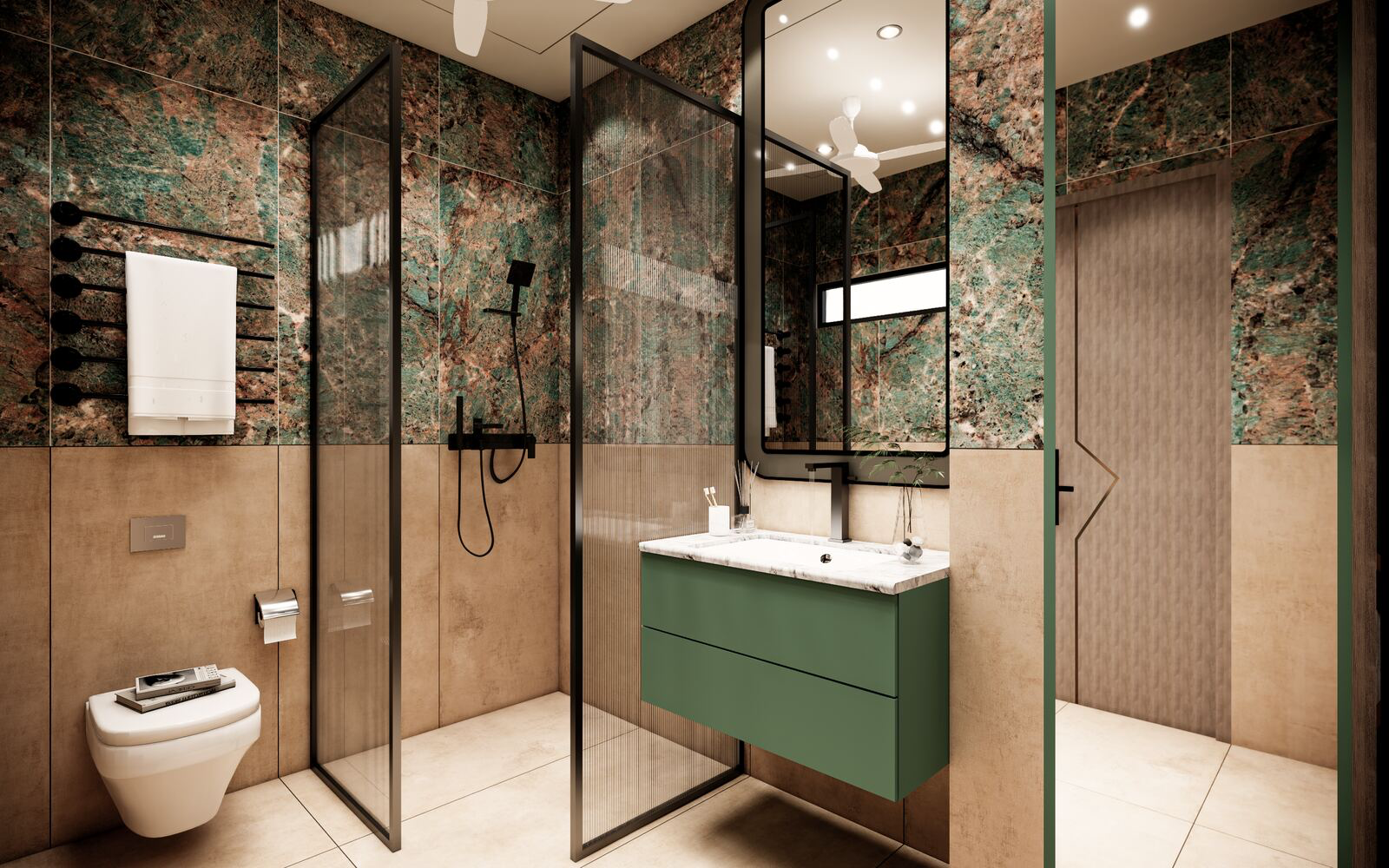Shree Residence bathroom with green marble and vanity