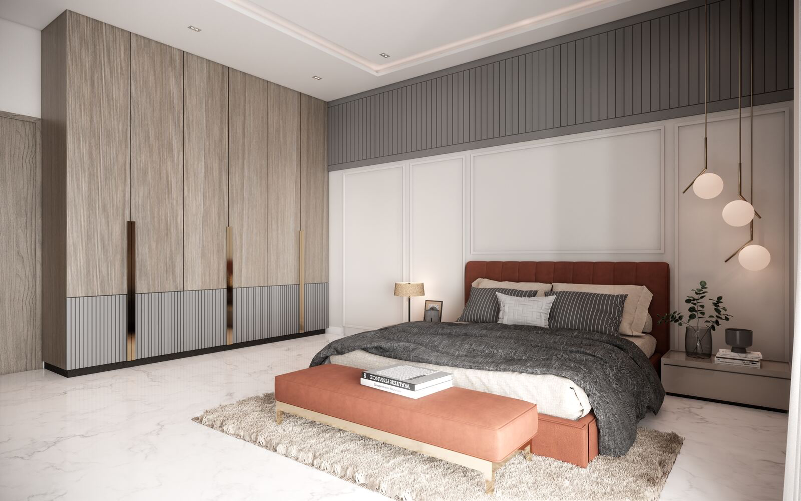 Shree Residence bedroom with rust headboard