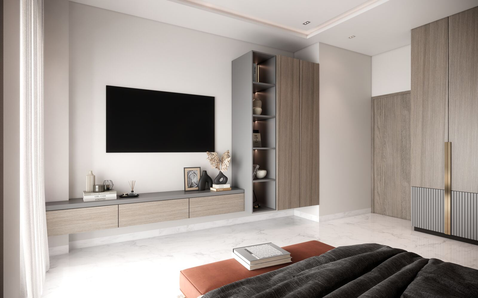 Shree Residence bedroom TV wall detail