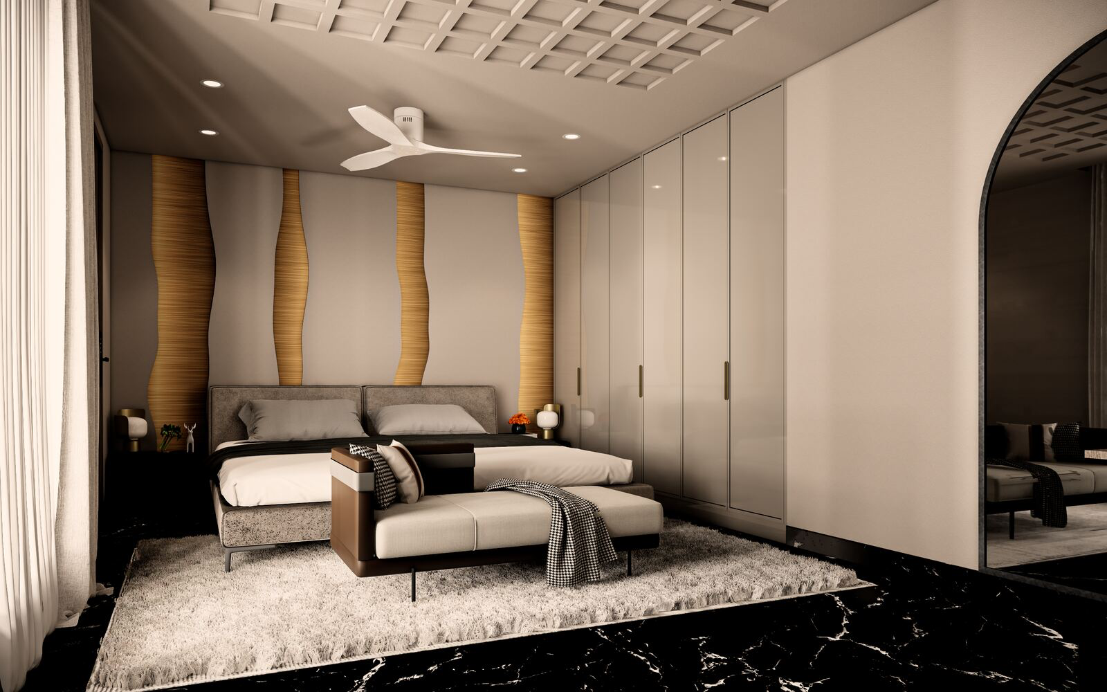 Shree Residence bedroom with wavy wood feature wall