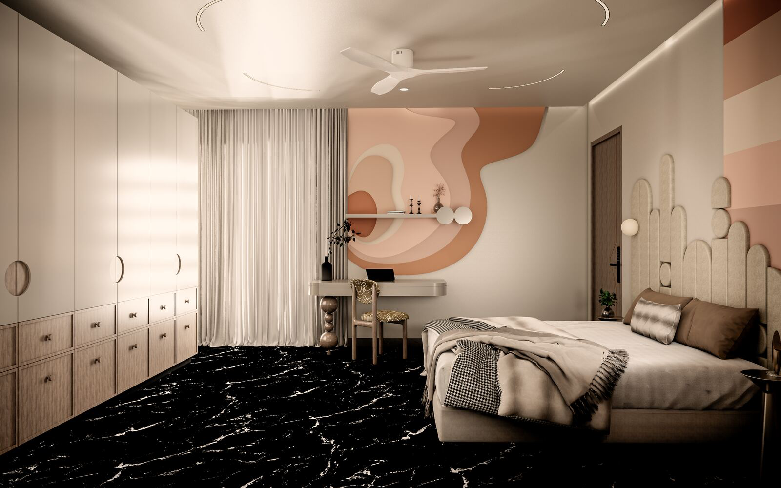 Shree Residence bedroom with terracotta mural wall