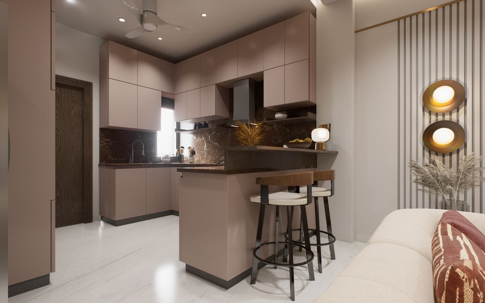 Shree Residence kitchen with blush cabinetry